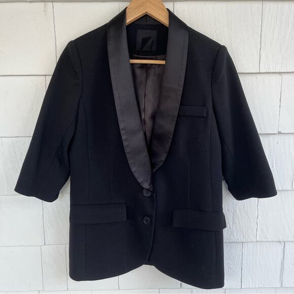 Smythe Tuxedo Satin Lapel Bunched Sleeve Two Button Black Blazer size 6 - Picture 1 of 9